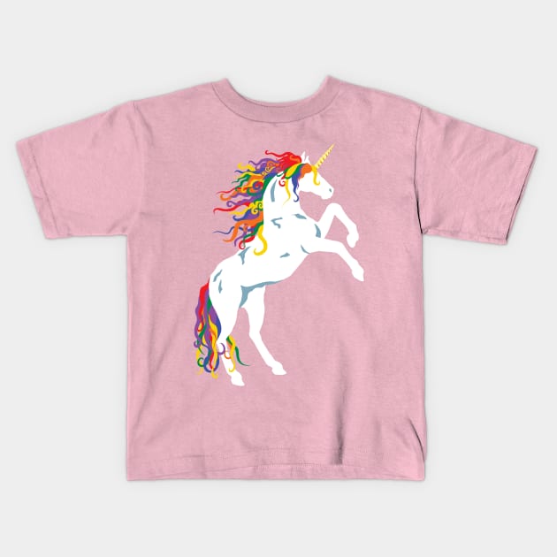 Rainbow Maned White Unicorn Kids T-Shirt by PeregrinusCreative